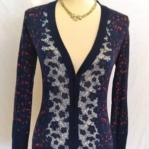 Tory Burch Navy Blue multi-floral cardigan thin wool Size Small